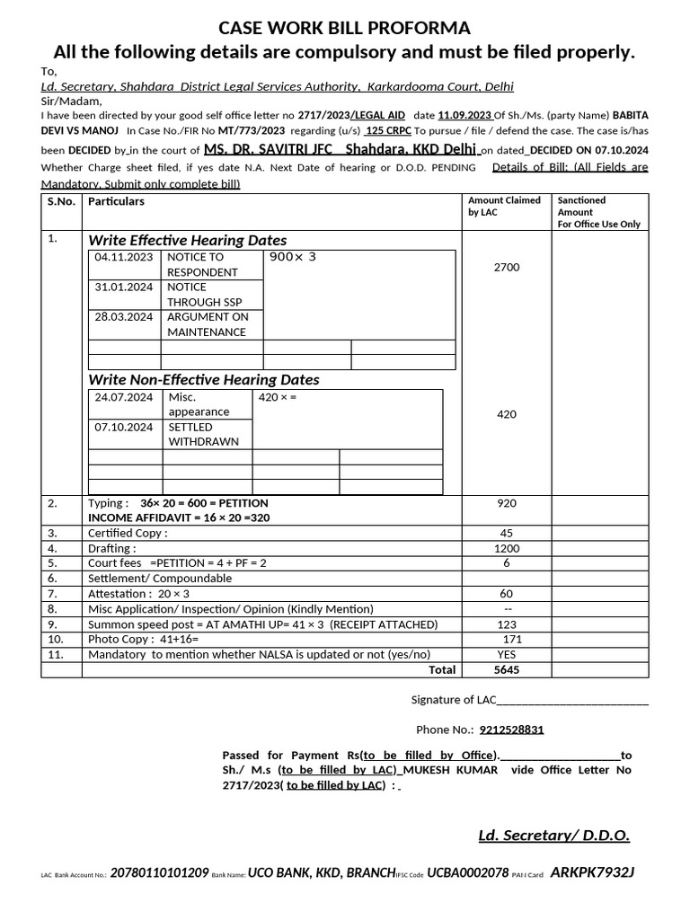 Case Work Bill Proforma Template | PDF