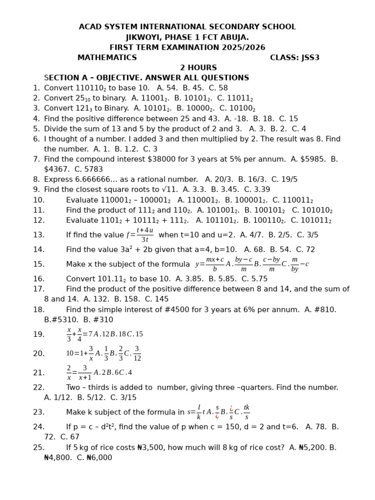 JSS3 Mathematics Exam Questions 2025/2026 | PDF | Mathematics
