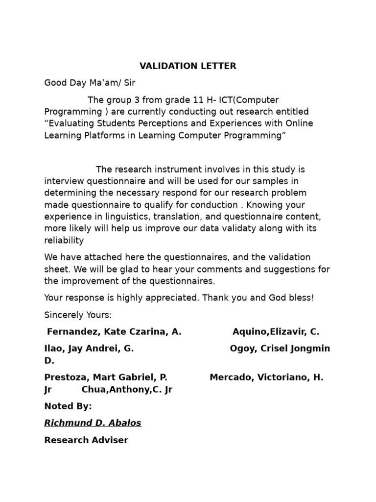 Validation Letter for Research Questionnaire | PDF