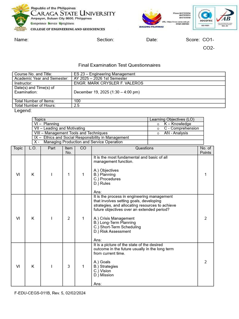 Engineering Management Exam Questions | PDF | Corporate Social ...