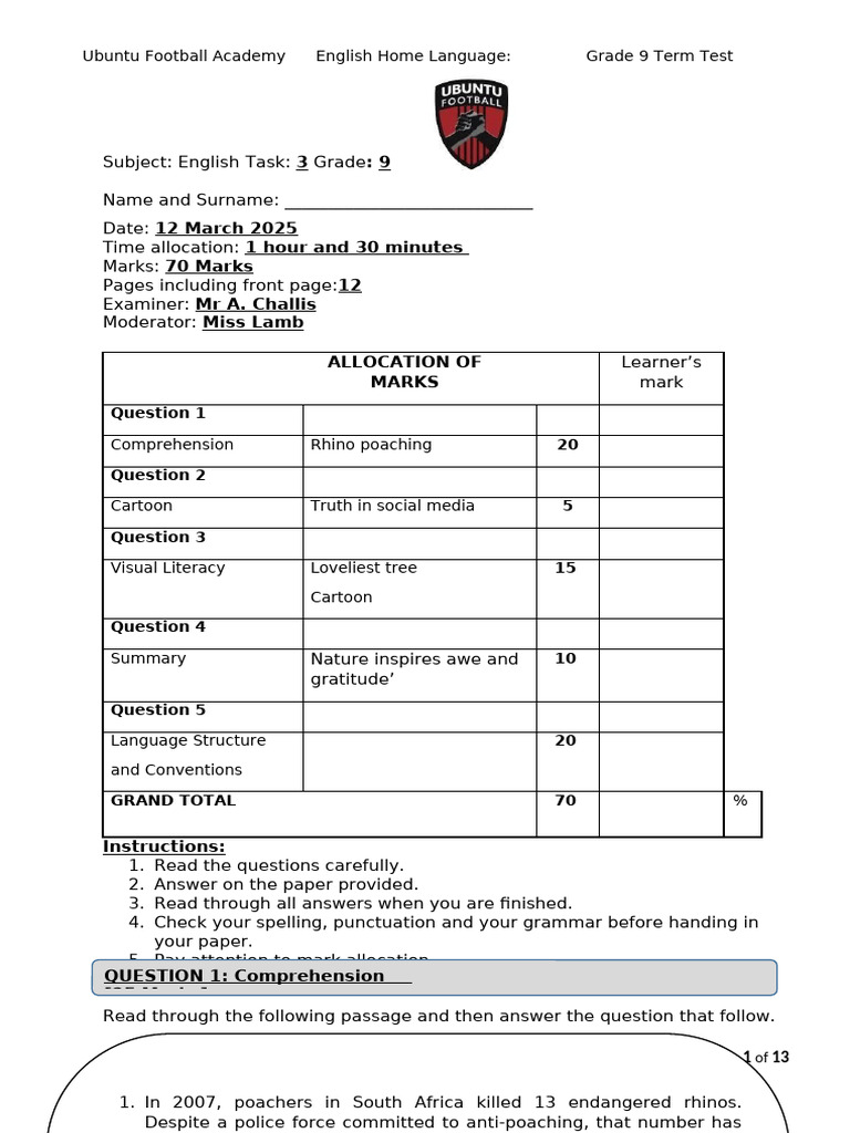 Grade 9 English Term Test Overview | PDF | Adolescence | Verb