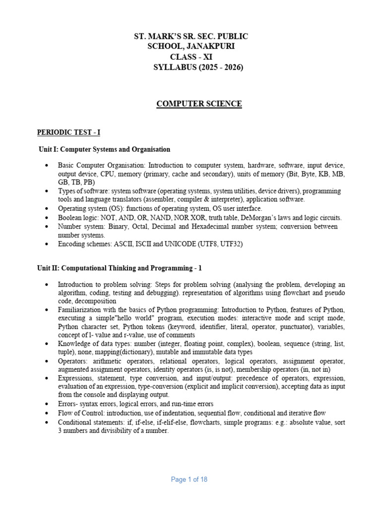 Class XI Computer Science Syllabus 2025-26 | PDF
