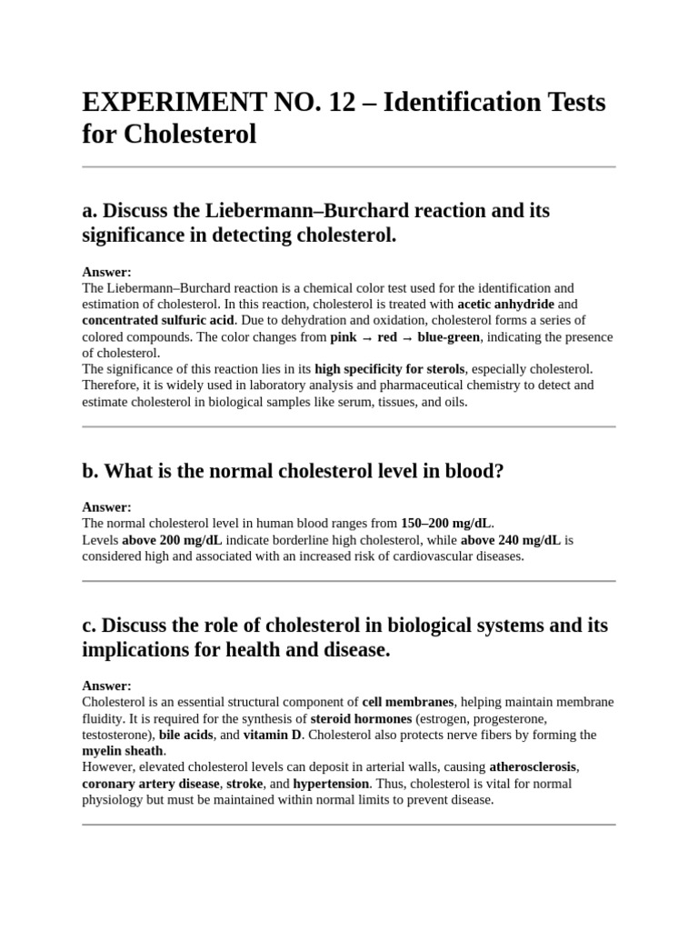 EXPERIMENT NO. 12 - Identification Tests For Cholesterol | PDF ...