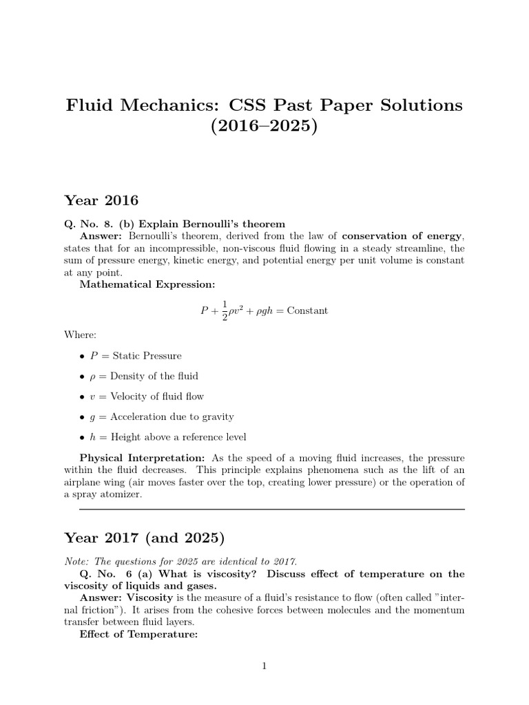 Fluid Mechanics CSS Past Paper Solutions | PDF | Gases | Viscosity