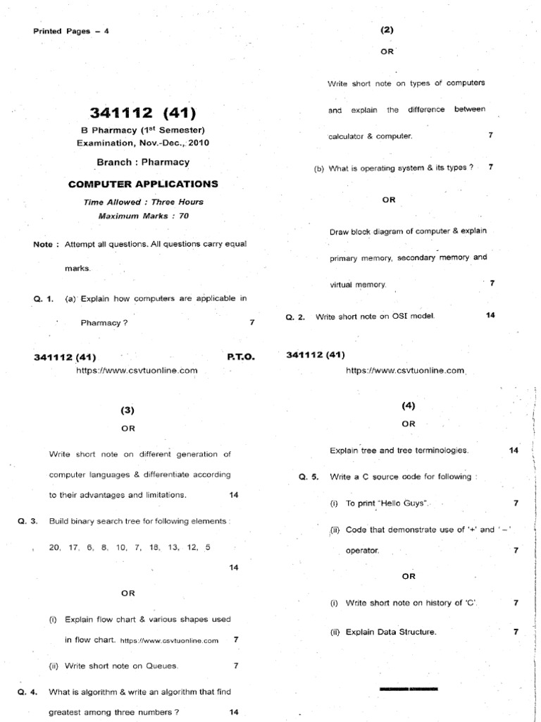 Bpharmacy 1 Sem Pharmacy Computer Applications 341112 Dec 2010 | PDF