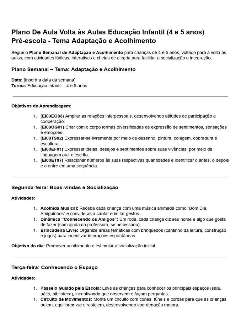 Plano de Aula Volta Às Aulas Educação Infantil (4 e 5 Anos) Pré-escola ...