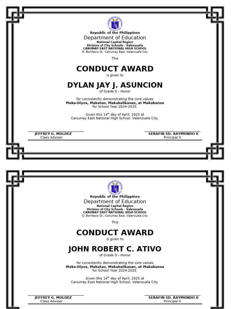Grade 9 Conduct Awards 2024-2025 | PDF