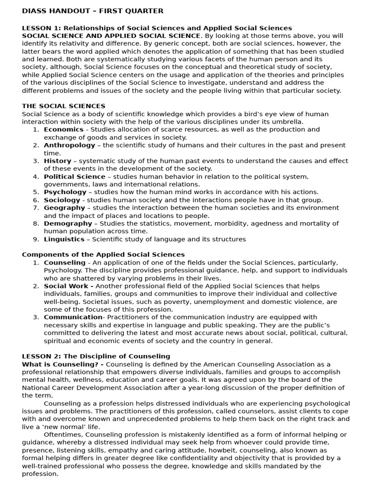 Diass Handout 1st Qrtr | PDF | Social Sciences | Counseling Psychology
