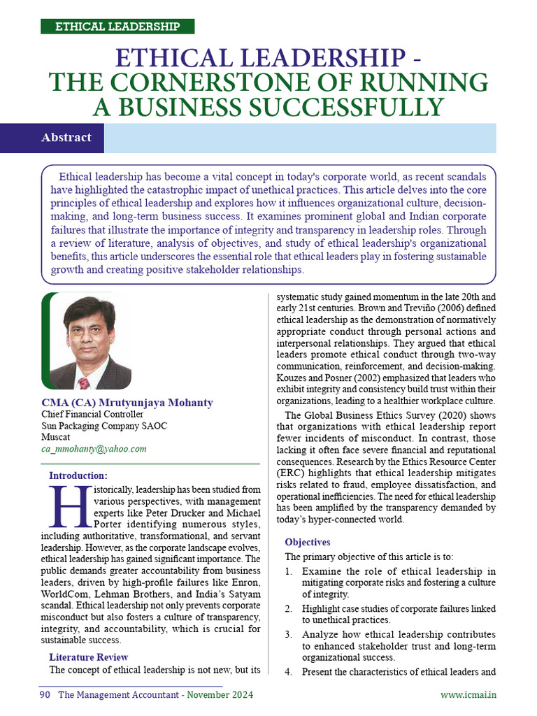 Articles in CMA Journal Nov24_Ethical Leadership_M Mohanty | PDF ...