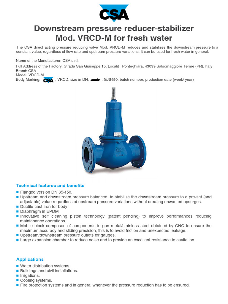 CSA VRCD-M Pressure Reducing Valve | PDF | Valve | Steel