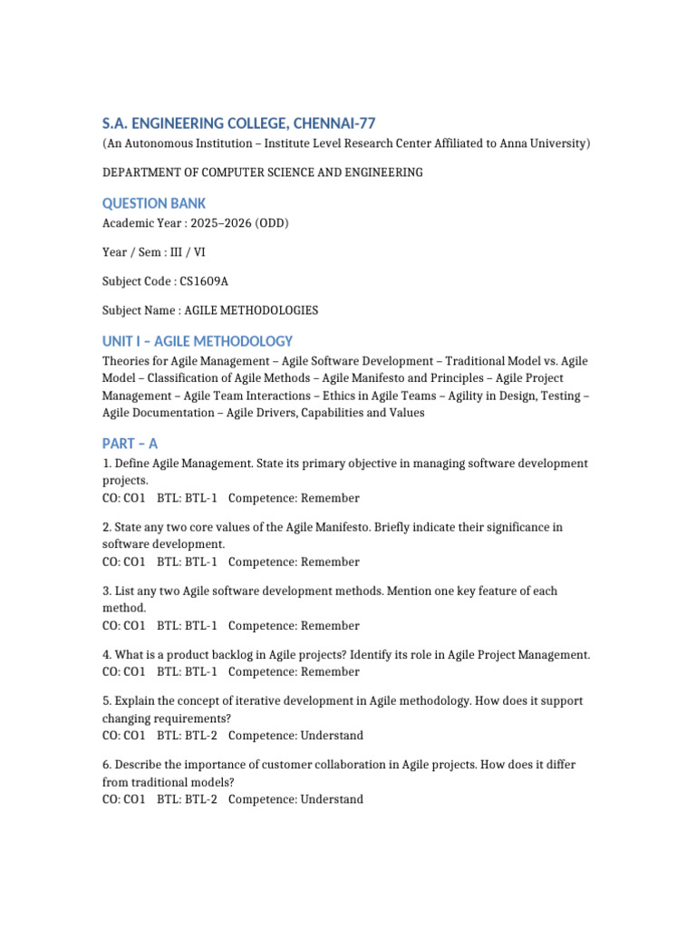 UNIT I Agile Methodologies Question Bank | PDF | Agile Software ...
