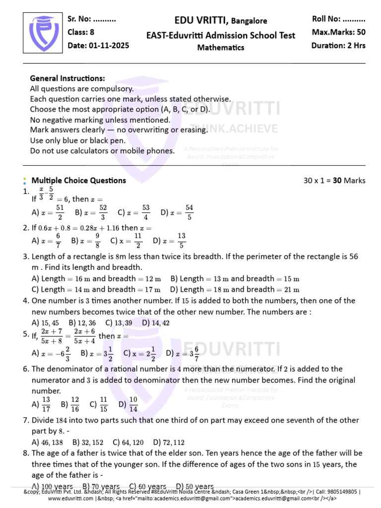 Class 8 Mathematics Admission Test | PDF | Speed | Elementary Mathematics