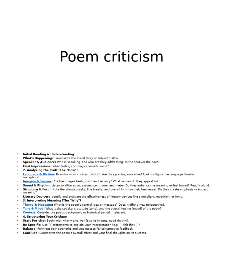 Poem Critique Guide: Analyzing Craft | PDF