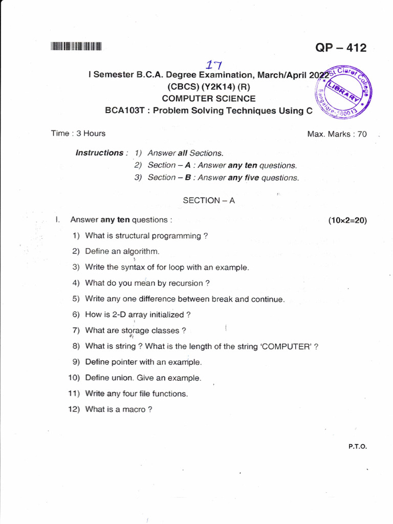 BCA103T C Programming Exam Guide | PDF | C (Programming Language ...