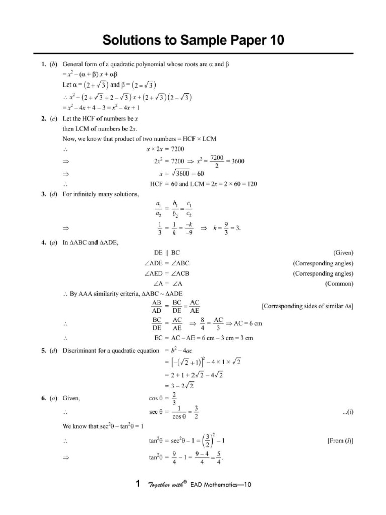 Cbse Cl10 Ead Mathematics 2026 Edition Ans To SP 10 | PDF