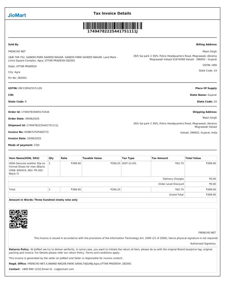 HIDA Leather Shoes Invoice - ₹399 | PDF | Invoice | Economies
