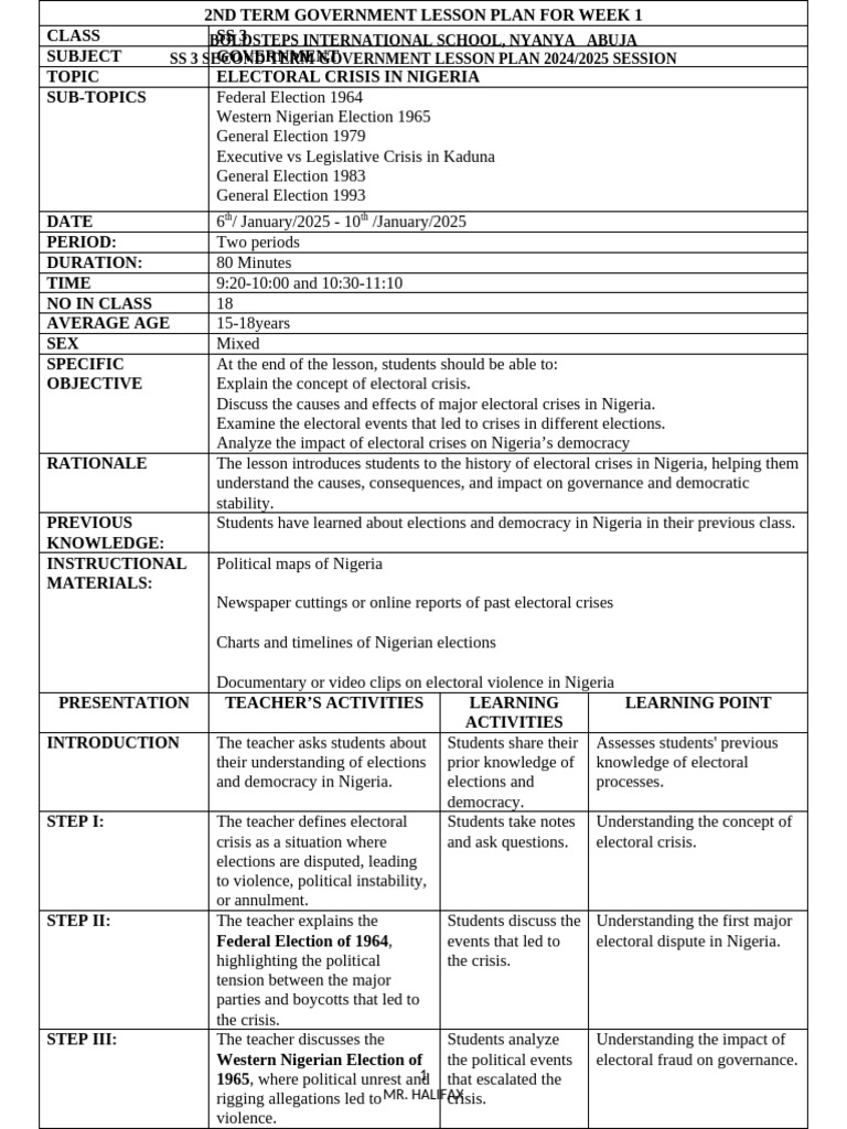 SS3 Government Lesson Plans 2024/25 | PDF | Nigeria | Lesson Plan