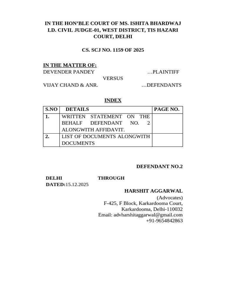 Written Statement for CS. SCJ No. 1159/2025 | PDF | Lawsuit | Affidavit