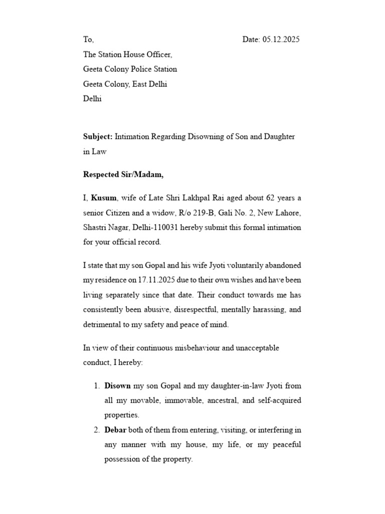 Disowning Notice for Son and Daughter-in-Law | PDF