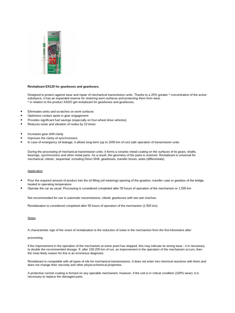 Revitalizant EX120 for Gearbox Protection | PDF | Manual Transmission ...