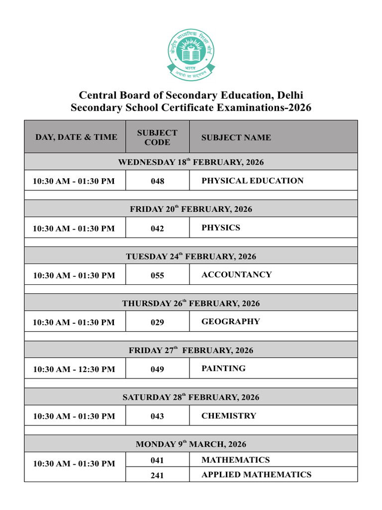 CBSE Class 12 Exam Schedule 2026 | PDF
