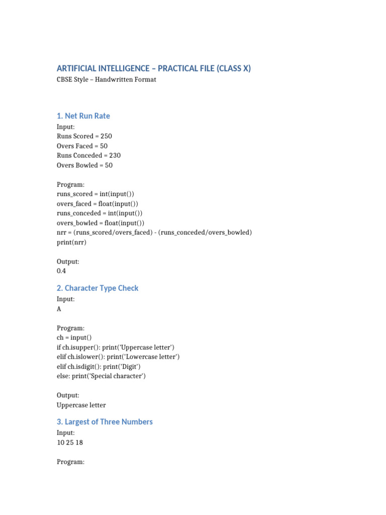 AI Practical File for Class X CBSE | PDF