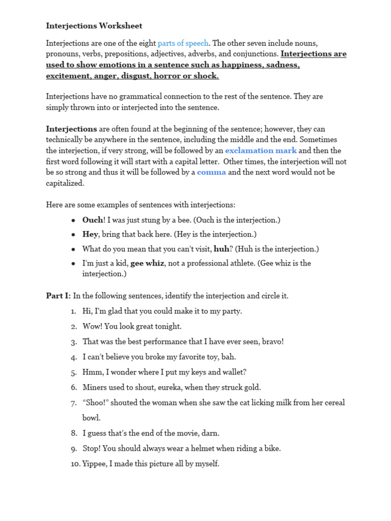 Interjections Worksheet for Students | PDF | Languages | Foreign ...