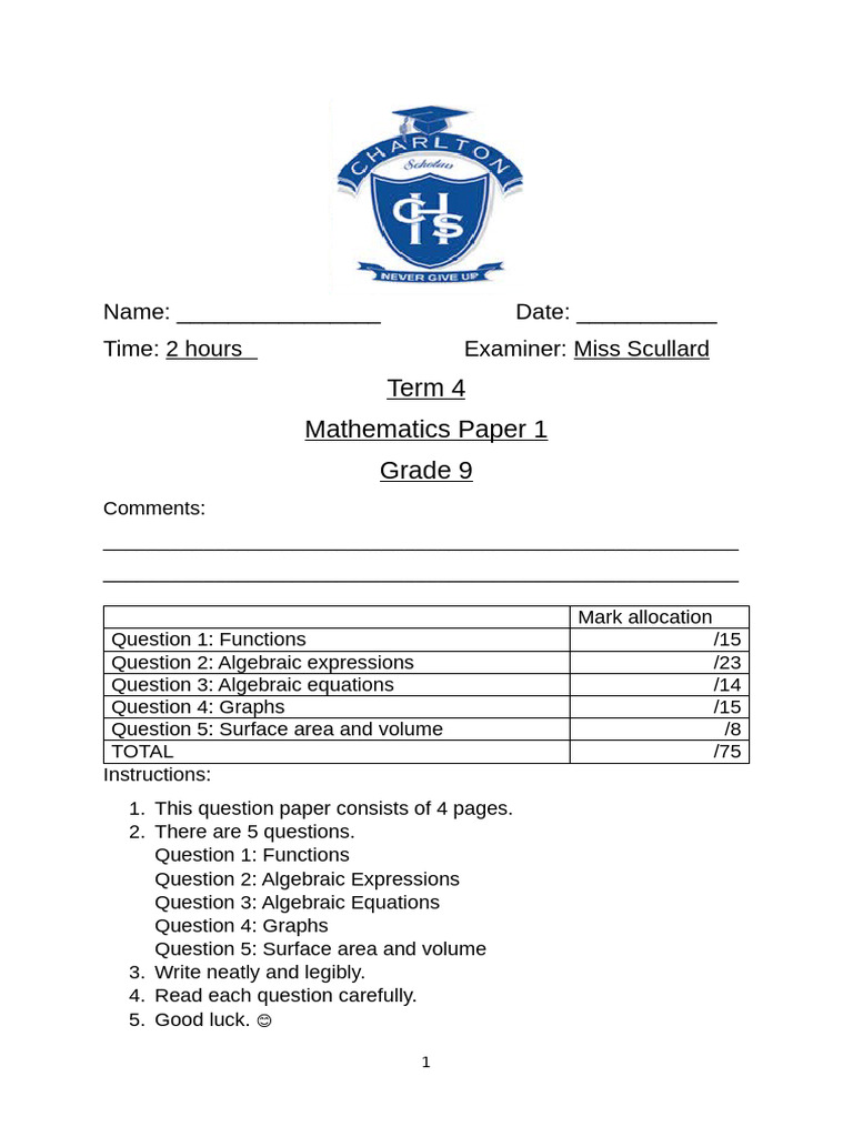 Maths P1 Term 4 Grade 9 | PDF | Algebra | Equations
