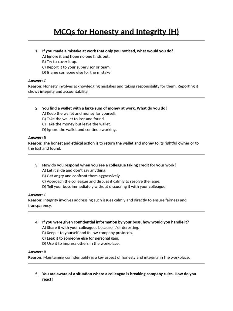 MCQs on Workplace Honesty and Integrity | PDF | Integrity | Leadership