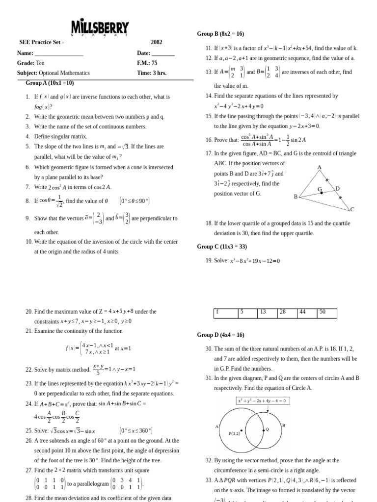 Optional Mathematics Practice Set 2082 | PDF | Mathematical Concepts ...