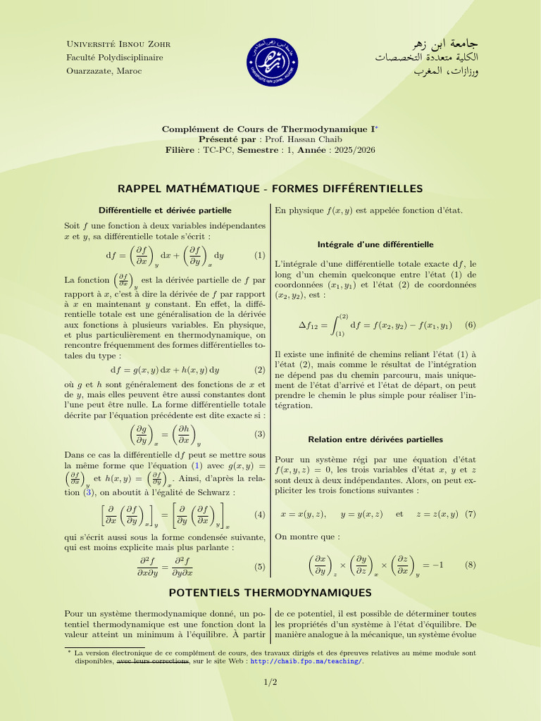 Cours de Thermodynamique I - UIZ | PDF | Enthalpie libre | Équilibre ...