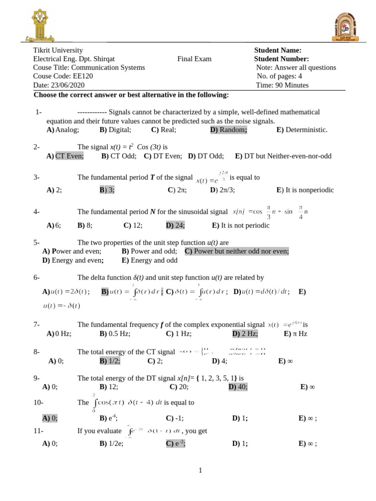 Final Exam 2020 | PDF | Discrete Fourier Transform | Spectral Density