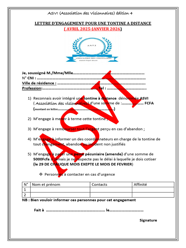 Engagement Tontine ASVI 2025-2026 | PDF