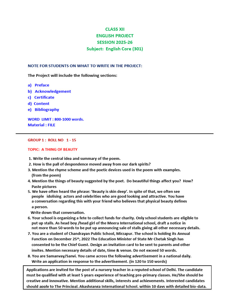 Class XII English Project Guidelines | PDF | Poetry