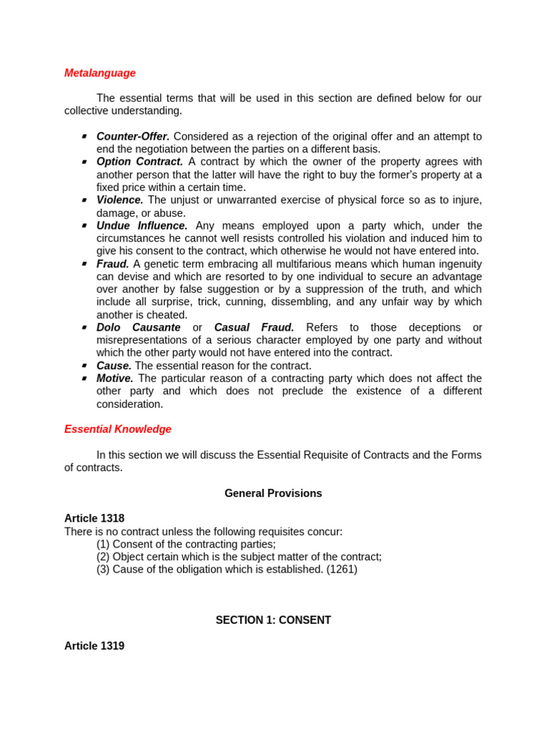Essential Terms and Requisites of Contracts | PDF | Misrepresentation ...