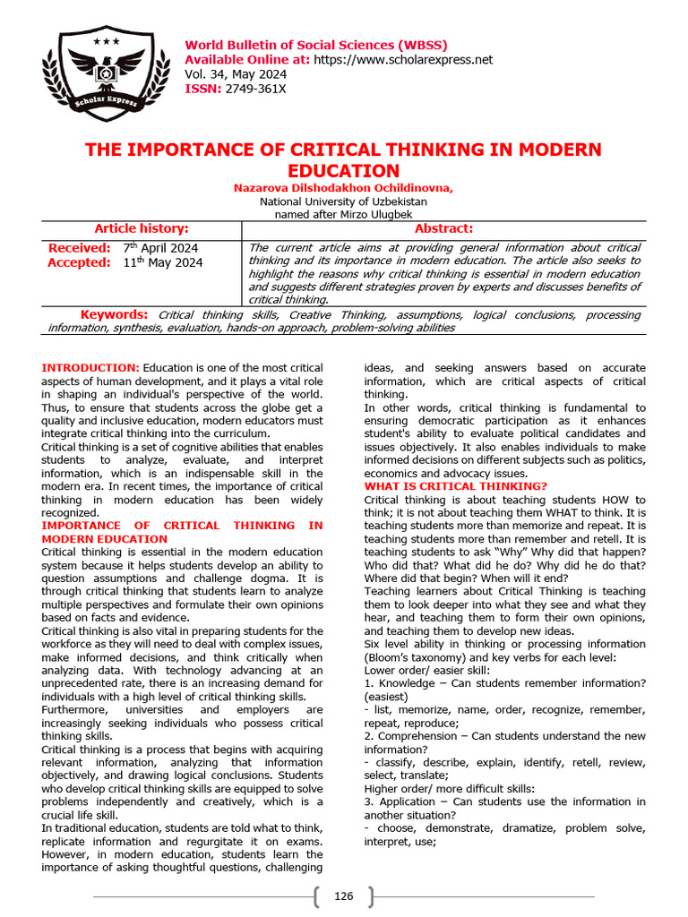 Critical Thinking's Role in Education | PDF | Critical Thinking | Thought