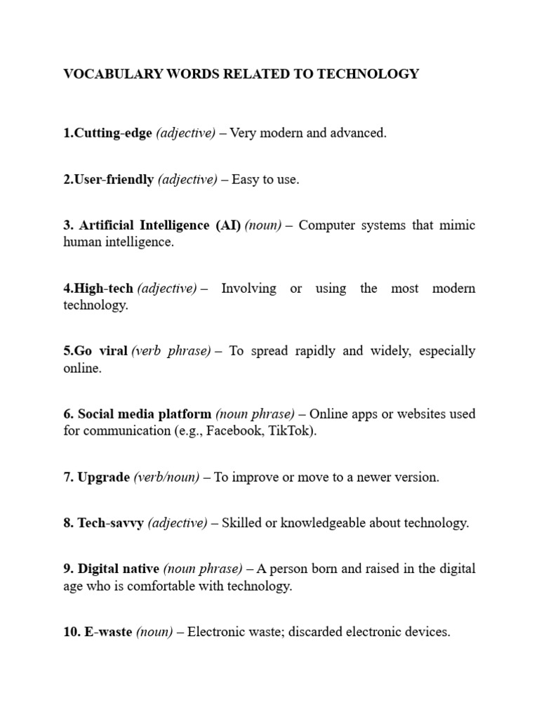 Essential Technology Vocabulary Guide | PDF | Adjective | Verb