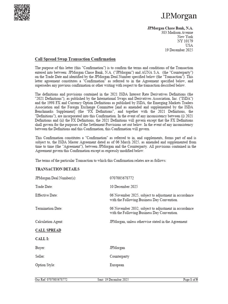 JPMorgan Call Spread Swap Confirmation | PDF | Option (Finance) | Surety