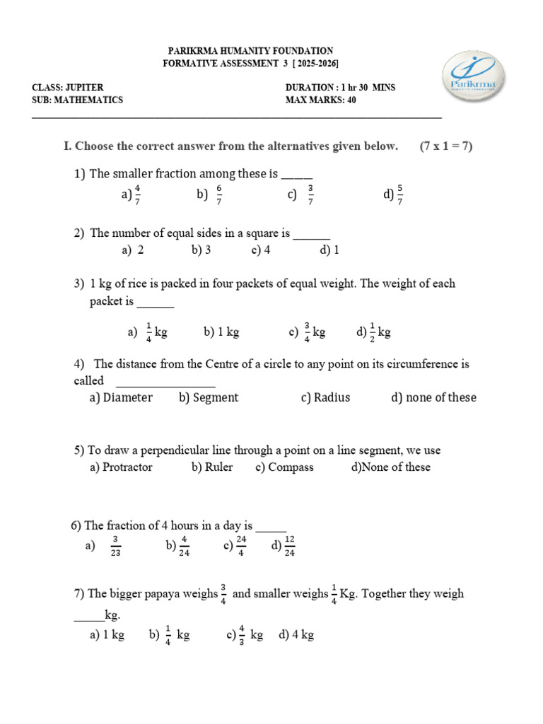 Mathematics Formative Assessment 2025-26 | PDF | Elementary Geometry ...