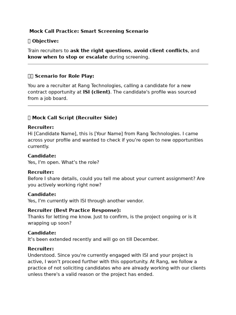Mock Call Training for Recruiters | PDF