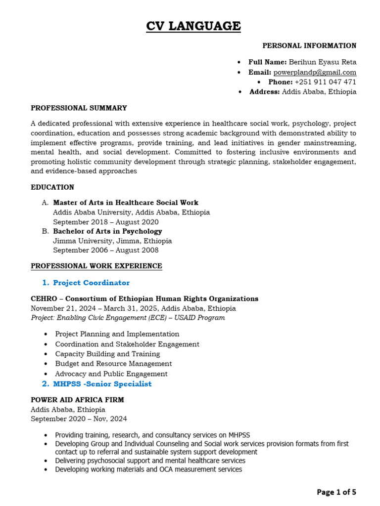 Healthcare Social Work CV of Berihun Reta | PDF | School Counselor ...