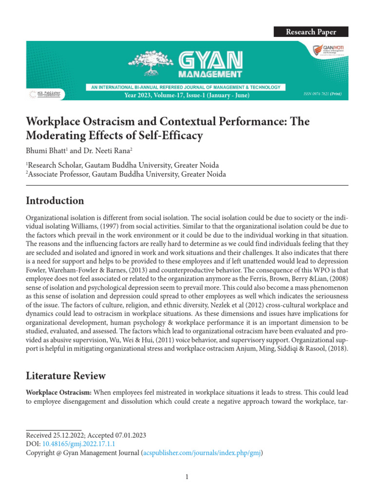 Workplace Ostracism and Self-Efficacy Impact | PDF | Self Efficacy | P ...