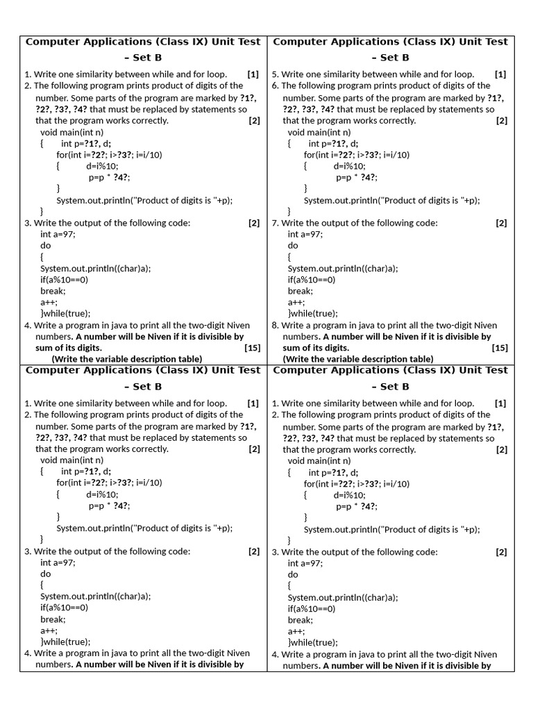 Class IX Computer Applications Unit Test | PDF | Control Flow ...