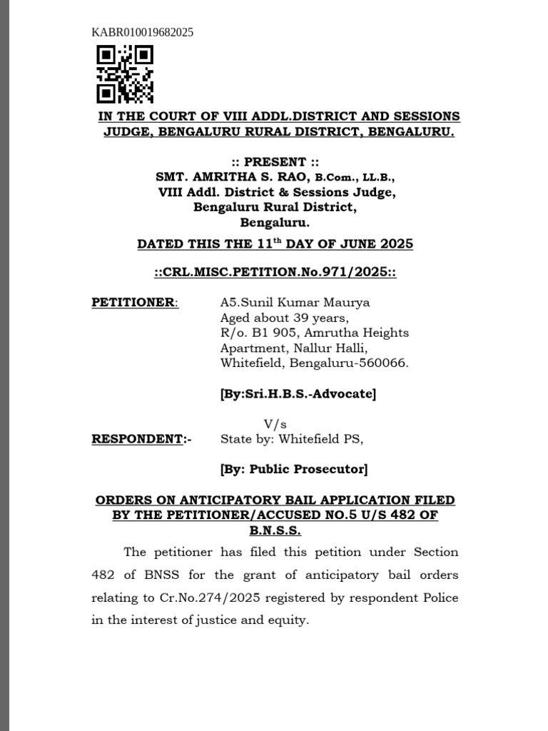 Anticipatory Bail Order in Bengaluru Case | PDF | Bail | Crime & Violence