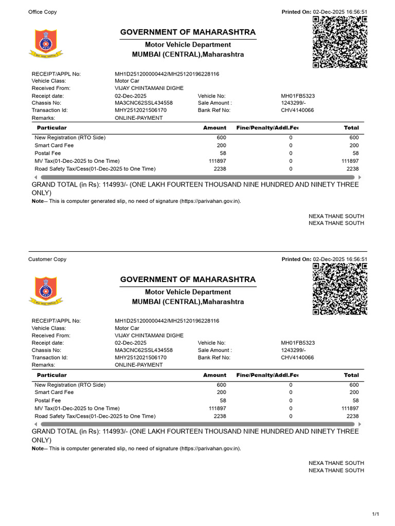 Maharashtra Vehicle Registration Receipt | PDF | Receipt | Vehicles