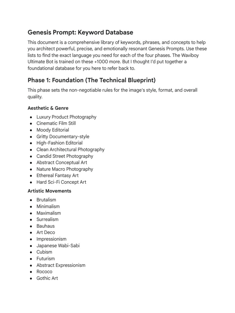 Comprehensive Keyword Database for Genesis Prompts | PDF | Lighting