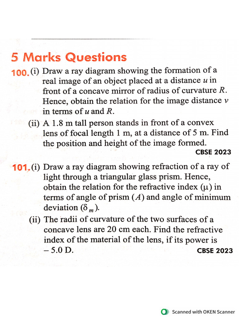 Ray Optics Important Questions For CBSE | PDF