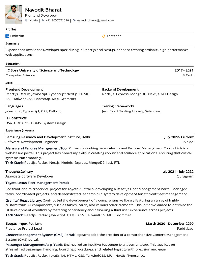 Frontend Developer Resume - Navodit Bharat | PDF | Java Script ...