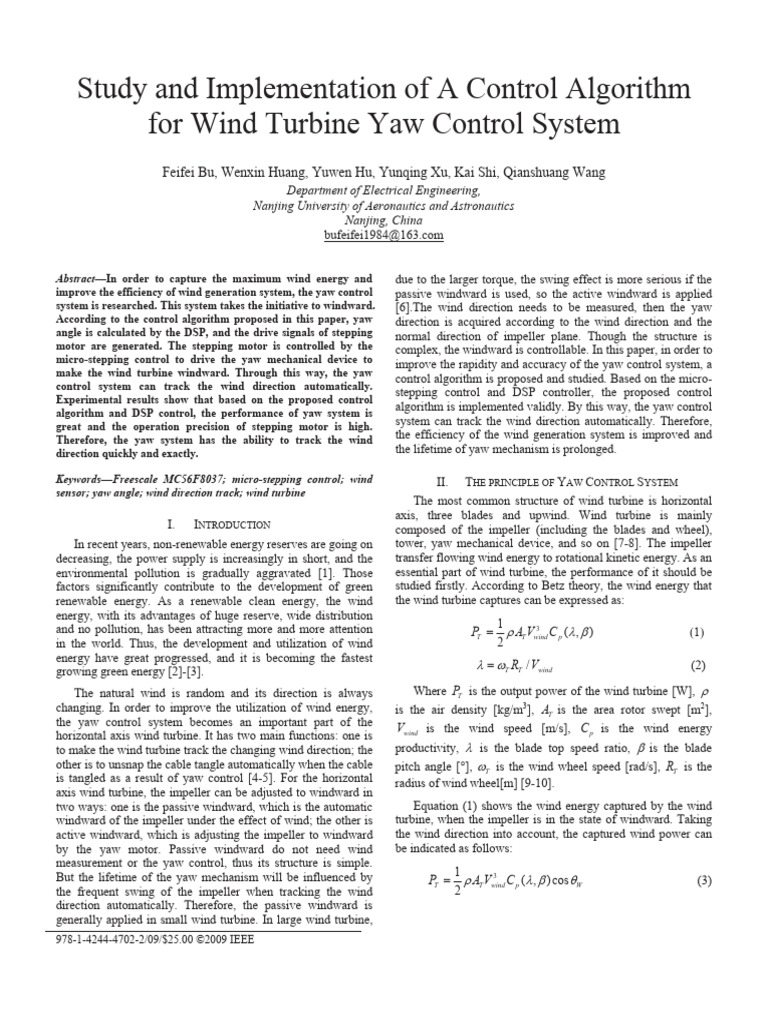 Wind Turbine Yaw Control Algorithm Study | PDF | Wind Turbine | Wind Power
