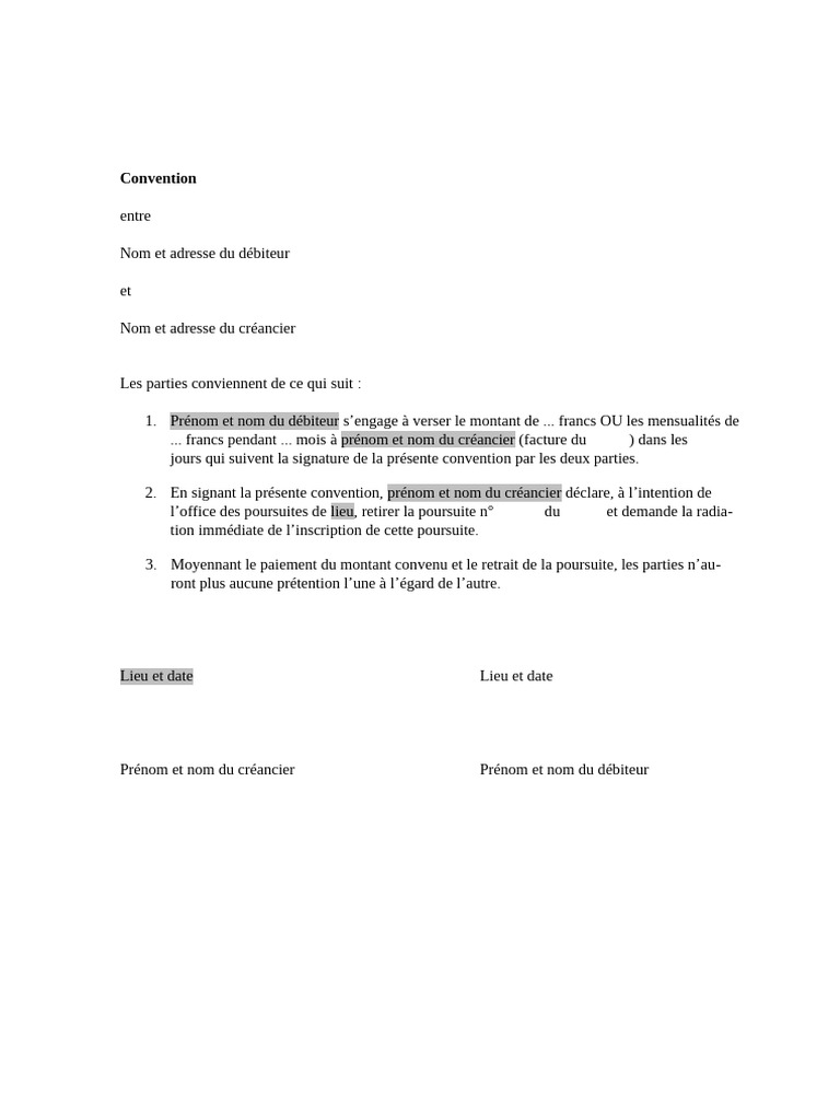 Convention de paiement entre créancier et débiteur | PDF